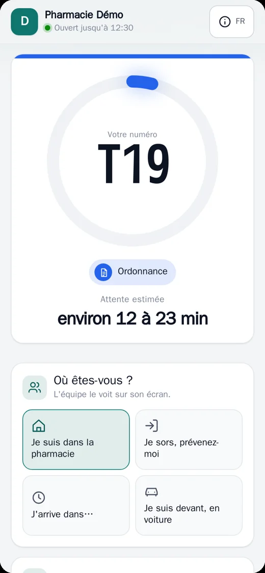 Ticket sur téléphone : numéro T19, attente estimée