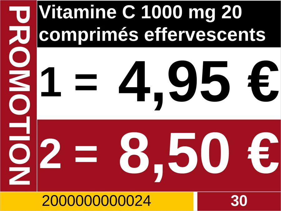 Étiquette 4,2 pouces : vitamine C, 1 pour 4,95 €, 2 pour 8,50 €