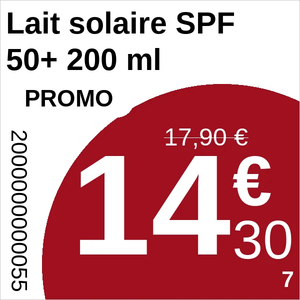 Étiquette carrée : lait solaire, promo 14,30 €